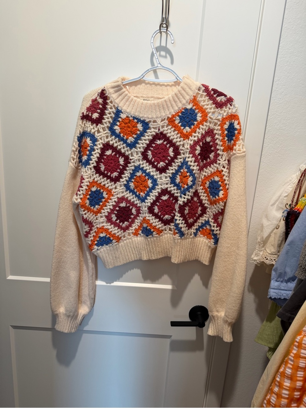 Cream Crochet Front Multicolor Diamond Sweater - Women